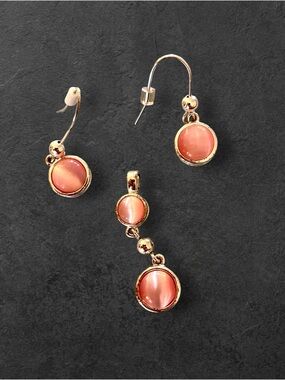 Silver tone Roman brand Earrings and Pendant Set with Pink Cat Eye Cabochons